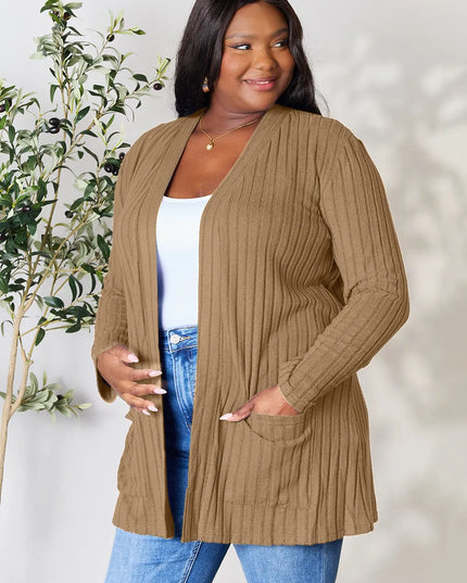 Basic Bae Full Size Ribbed Open Front Cardigan with Pockets