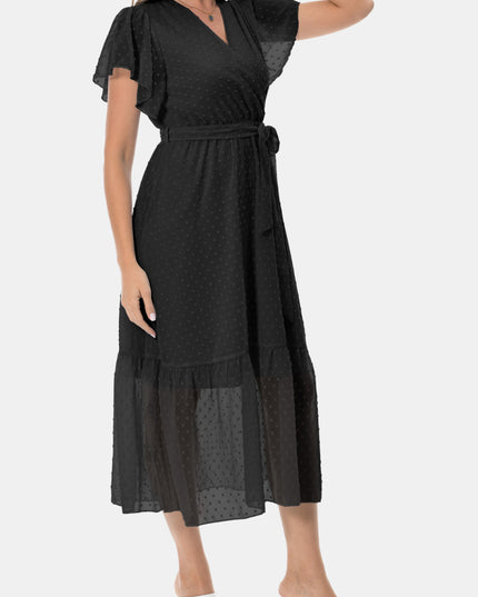 Surplice Neck Flutter Sleeve Tied Dress