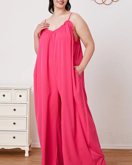 Double Take Full Size Ruffle Trim Tie Back Cami Jumpsuit with Pockets