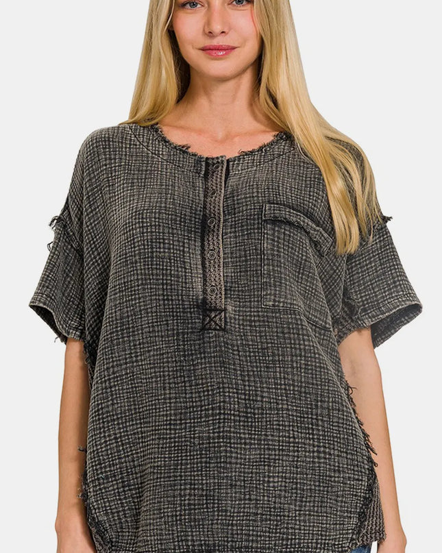 Zenana Washed Texture Half Button T-Shirt