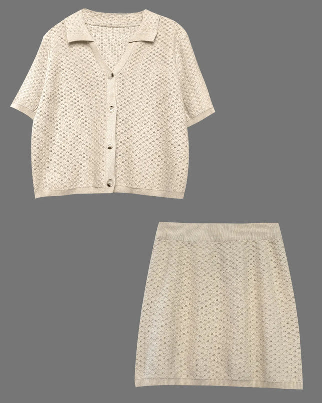 Openwork Button Up Top and Skirt Sweater Set