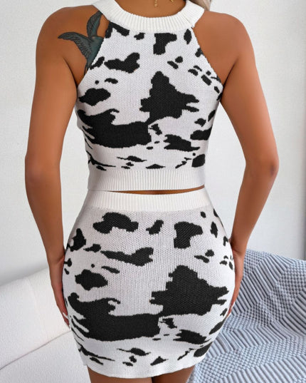 Contrast Sleeveless Knit Top and Mini Skirt Set