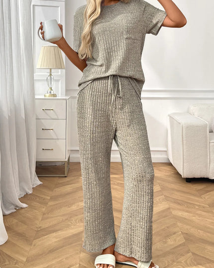 Ribbed Knit Short Sleeve Top and Pants Lounge Set