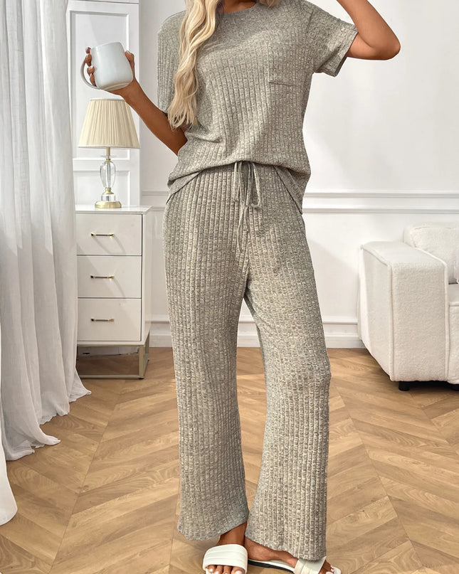 Ribbed Knit Short Sleeve Top and Pants Lounge Set