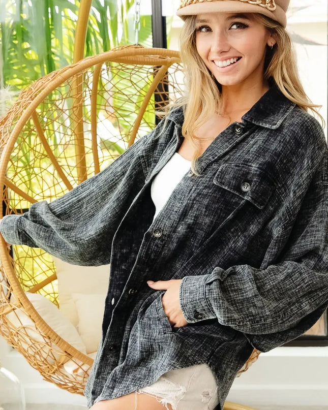 BiBi Vintage Washed Wrinkle Gauze Shacket BLACK CHARCOAL