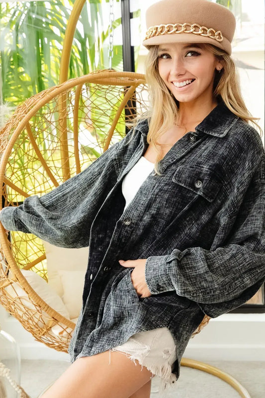 BiBi Vintage Washed Wrinkle Gauze Shacket BLACK CHARCOAL