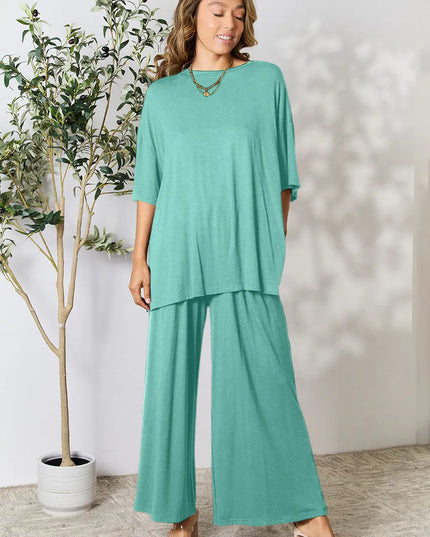 Double Take Full Size Round Neck Slit Top and Pants Set Teal