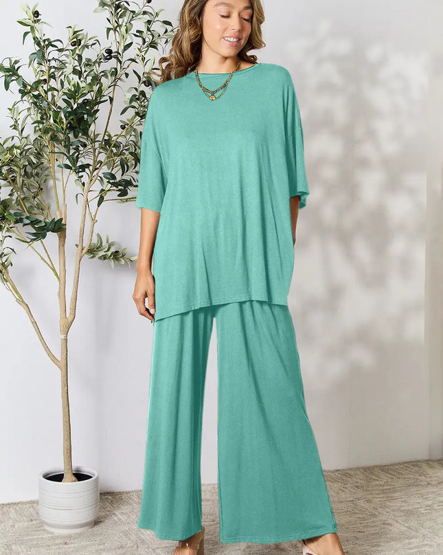 Double Take Full Size Round Neck Slit Top and Pants Set Teal