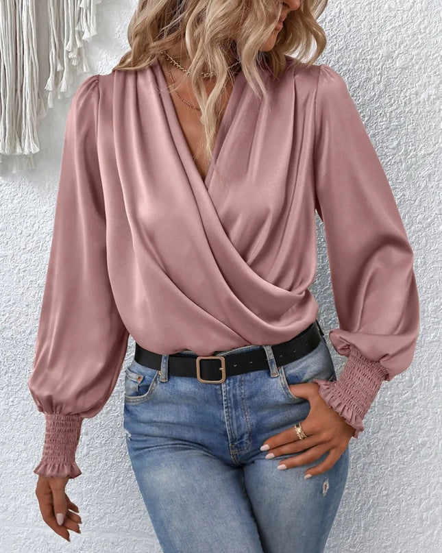 Surplice Smocked Lantern Sleeve Blouse