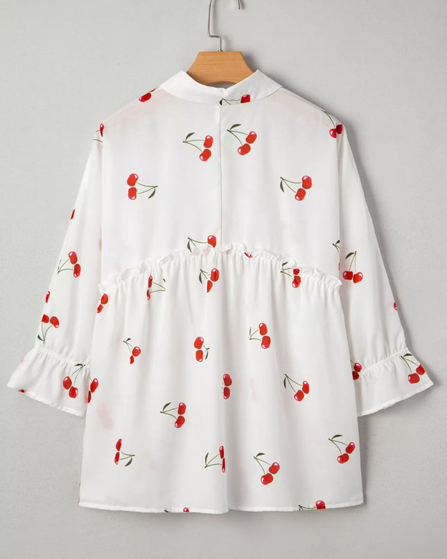Cherry Print Flounce Sleeve Collared Frilled Babydoll Blouse