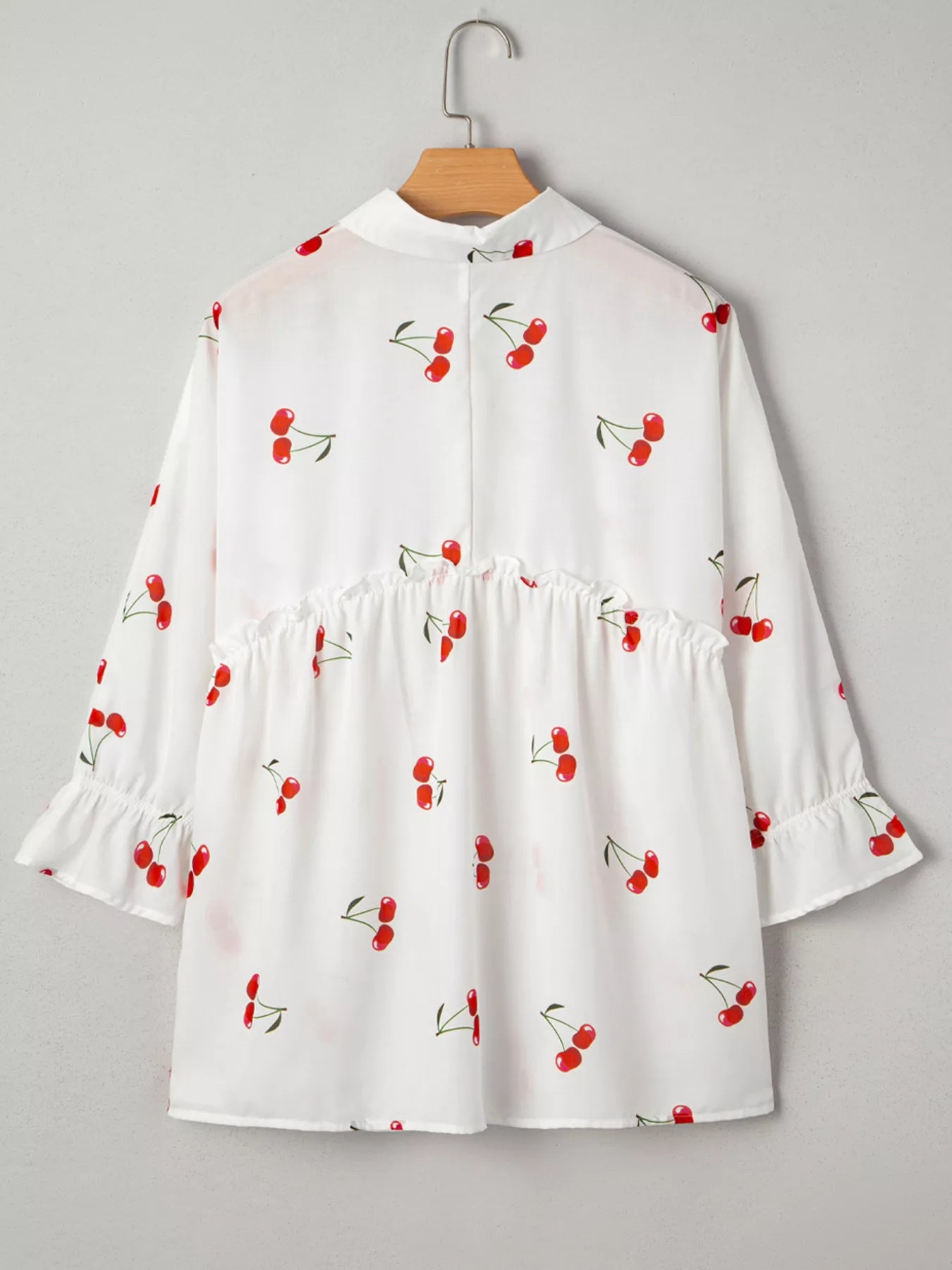Cherry Print Flounce Sleeve Collared Frilled Babydoll Blouse