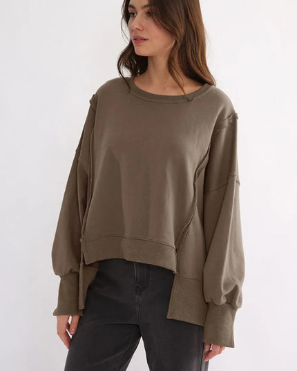Exposed Seam High-Low Long Sleeve Sweatshirt