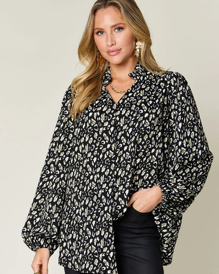 Double Take Full Size Leopard Long Sleeve Blouse Black