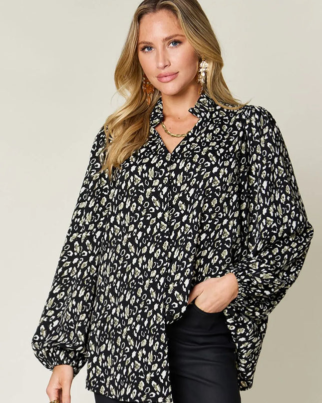 Double Take Full Size Leopard Long Sleeve Blouse Black