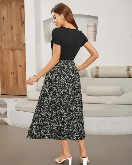 Printed Round Neck Short Sleeve Midi Dress