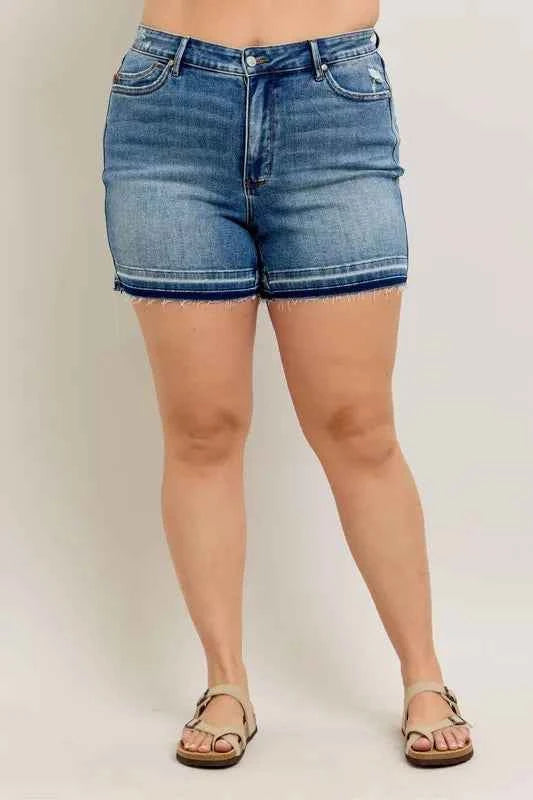 Judy Blue Plus Size Mr Tummy Control Vintage Wash Release Hem Shorts