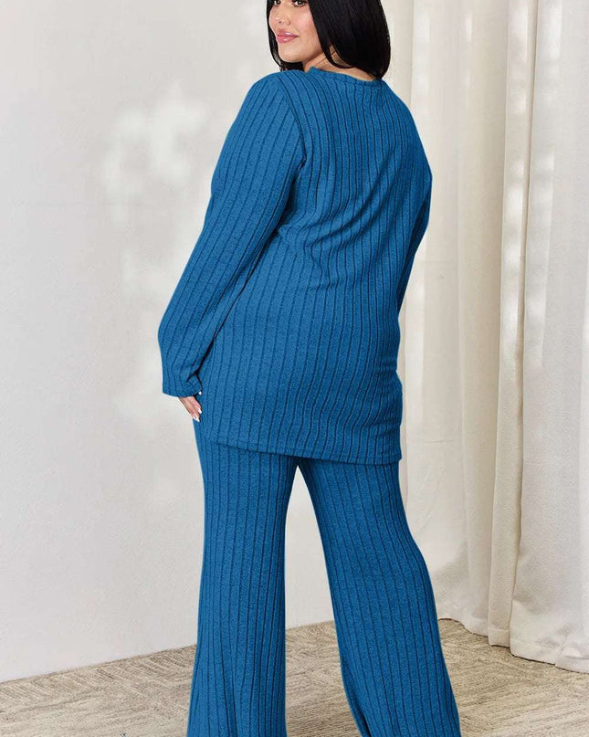 Basic Bae Full Size Ribbed High-Low Top and Wide Leg Pants Set