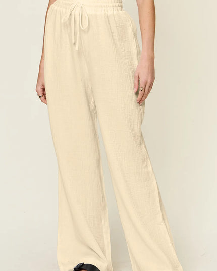 Double Take Full Size Texture Drawstring Wide Leg Pants