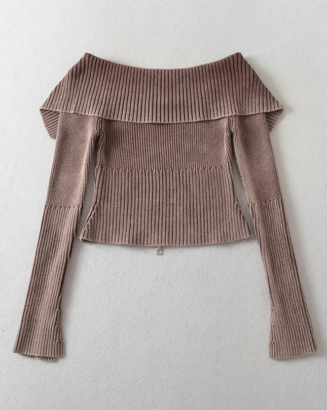 Double Take Ribbed Off-Shoulder Zip Up Long Sleeve Cardigan