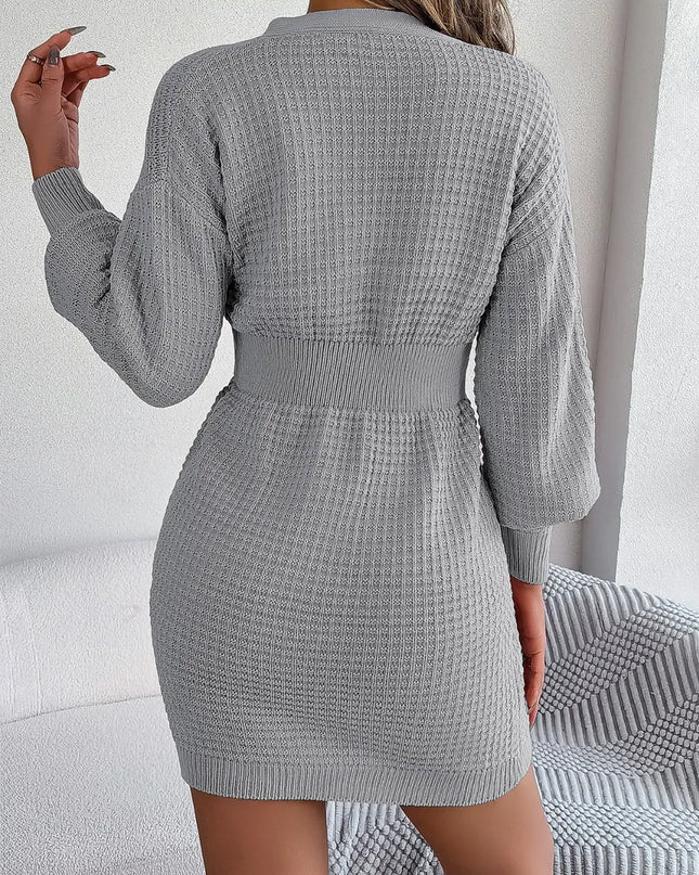 Buttoned Cable-Knit V-Neck Sweater Dress