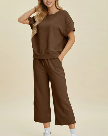 Double Take Full Size Texture Round Neck Top and Pants Set Brown