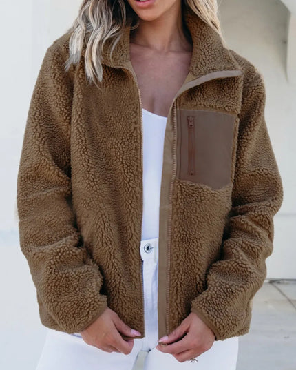 Zip Up Long Sleeve Plush Jacket Brown