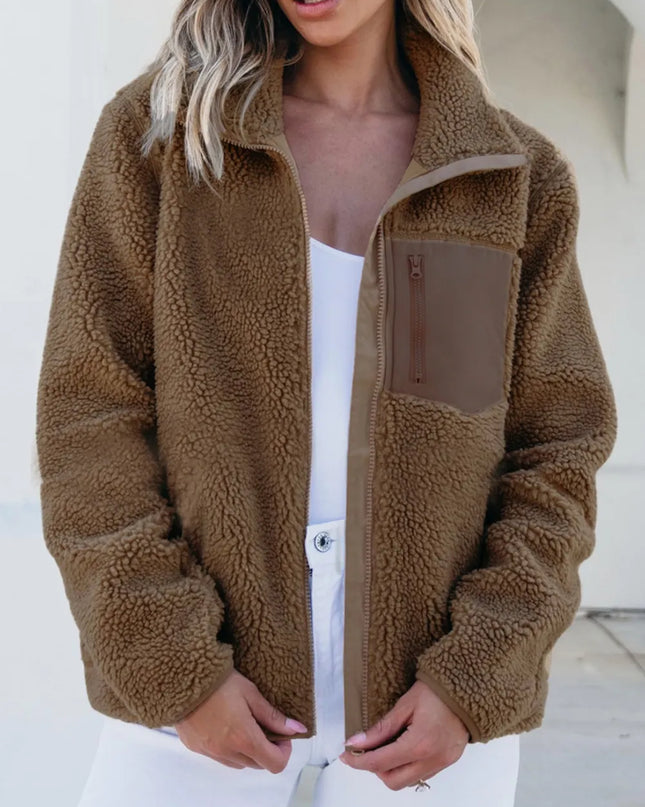 Zip Up Long Sleeve Plush Jacket Brown