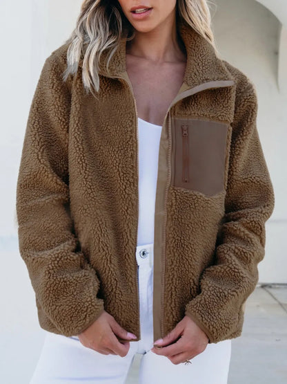 Zip Up Long Sleeve Plush Jacket Brown