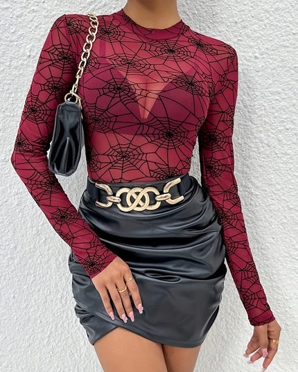 Spider Web Print Long Sleeve Blouse Burgundy