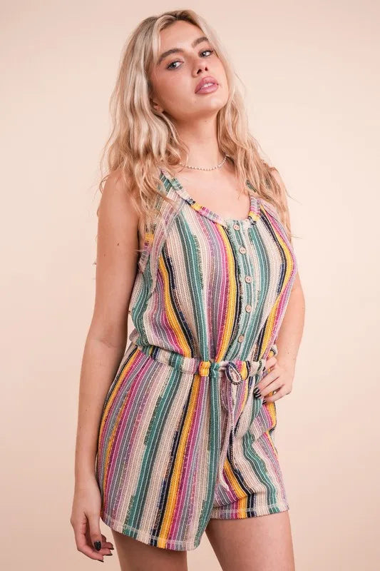 VERY J Crochet Multi Color Striped Casual Summer Romper