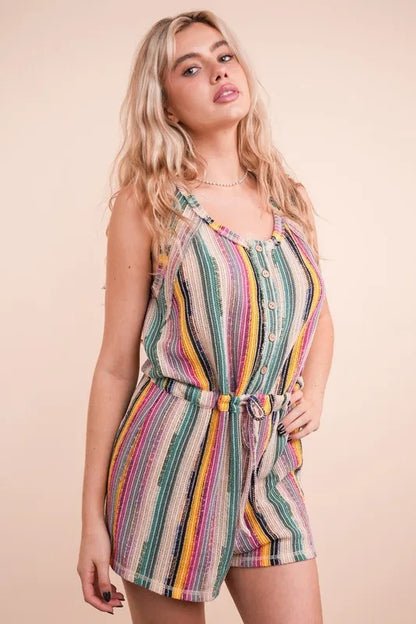 VERY J Crochet Multi Color Striped Casual Summer Romper