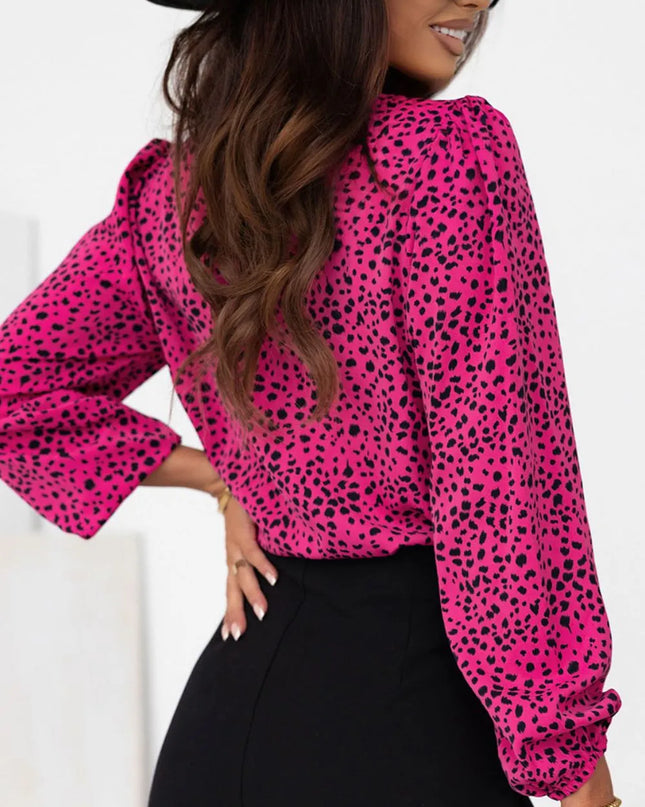 Leopard Round Neck Balloon Sleeve Blouse