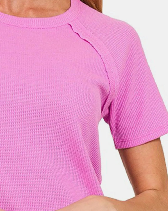 Zenana Round Neck Short Sleeve Waffle T-Shirt