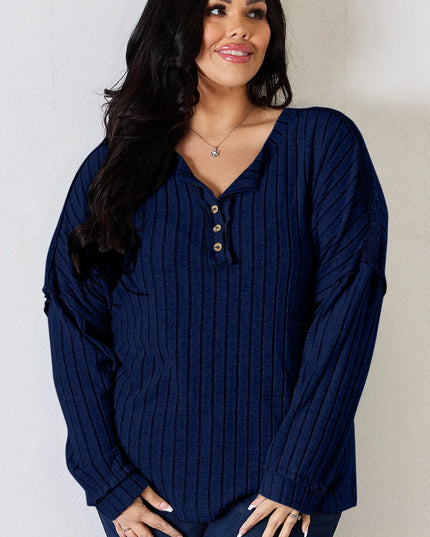 Basic Bae Full Size Ribbed Half Button Long Sleeve T-Shirt