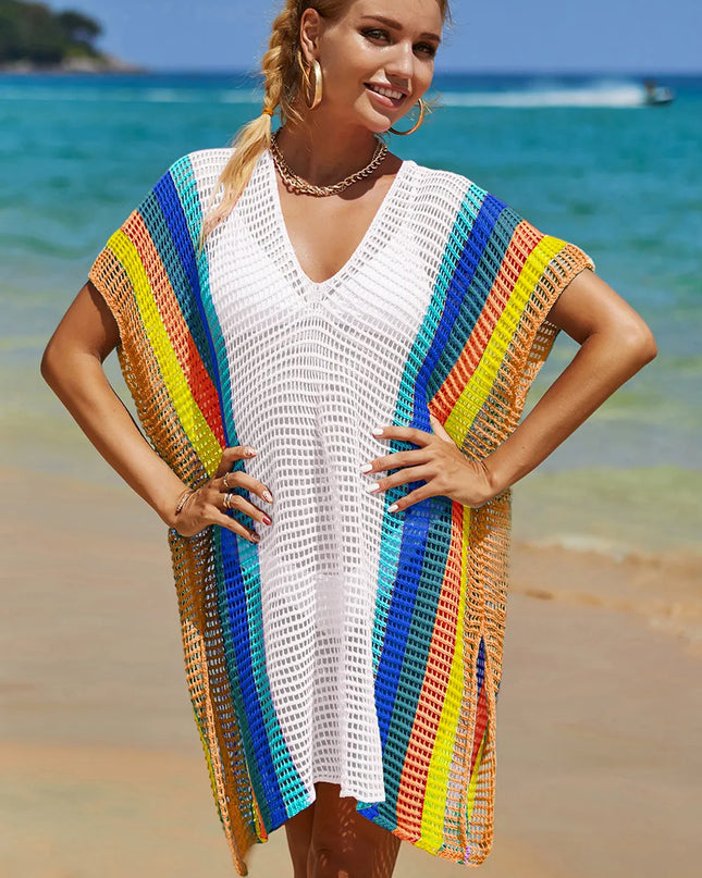 Angel Wings Openwork Striped Slit Knit Cover Up