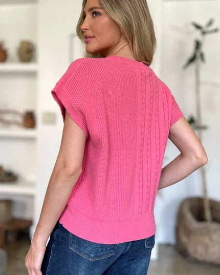 Double Take Full Size Cable-Knit Round Neck Short Sleeve Sweater