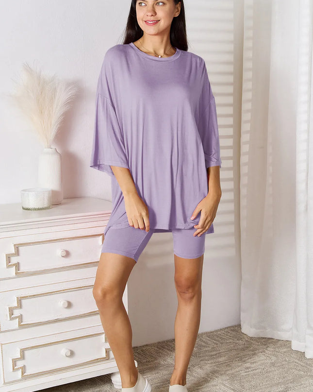 Basic Bae Full Size Soft Rayon Three-Quarter Sleeve Top and Shorts Set Lavender