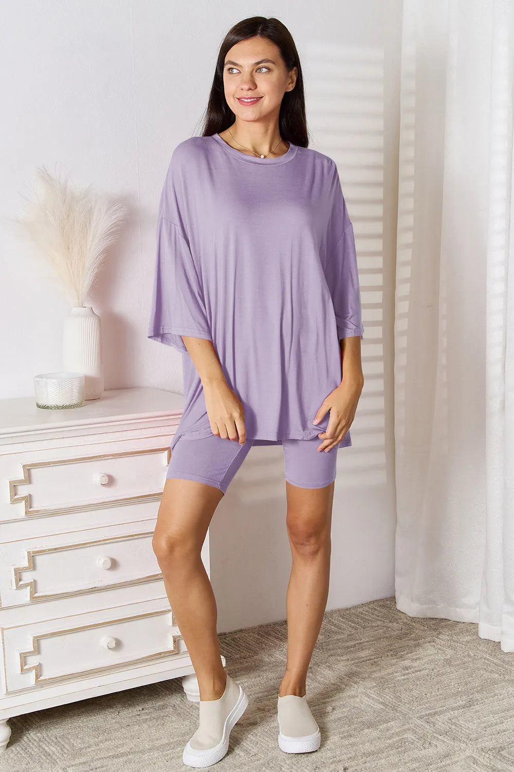 Basic Bae Full Size Soft Rayon Three-Quarter Sleeve Top and Shorts Set Lavender