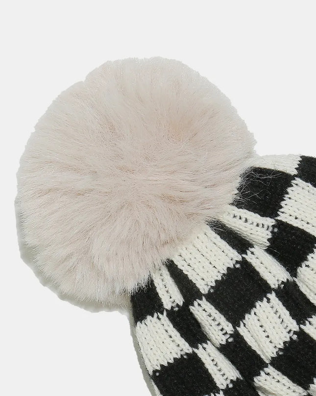 Checkered Knit Hat with Pompom