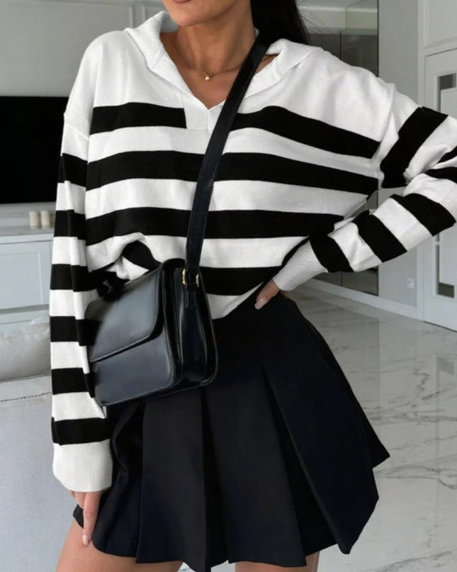 Striped Dropped Shoulder Knit Top White
