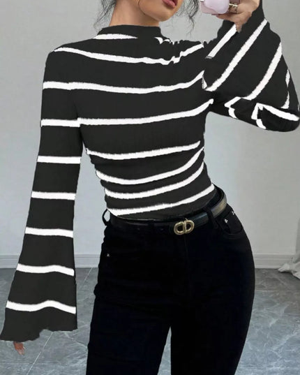 Striped Mock Neck Flare Sleeve Knit Top
