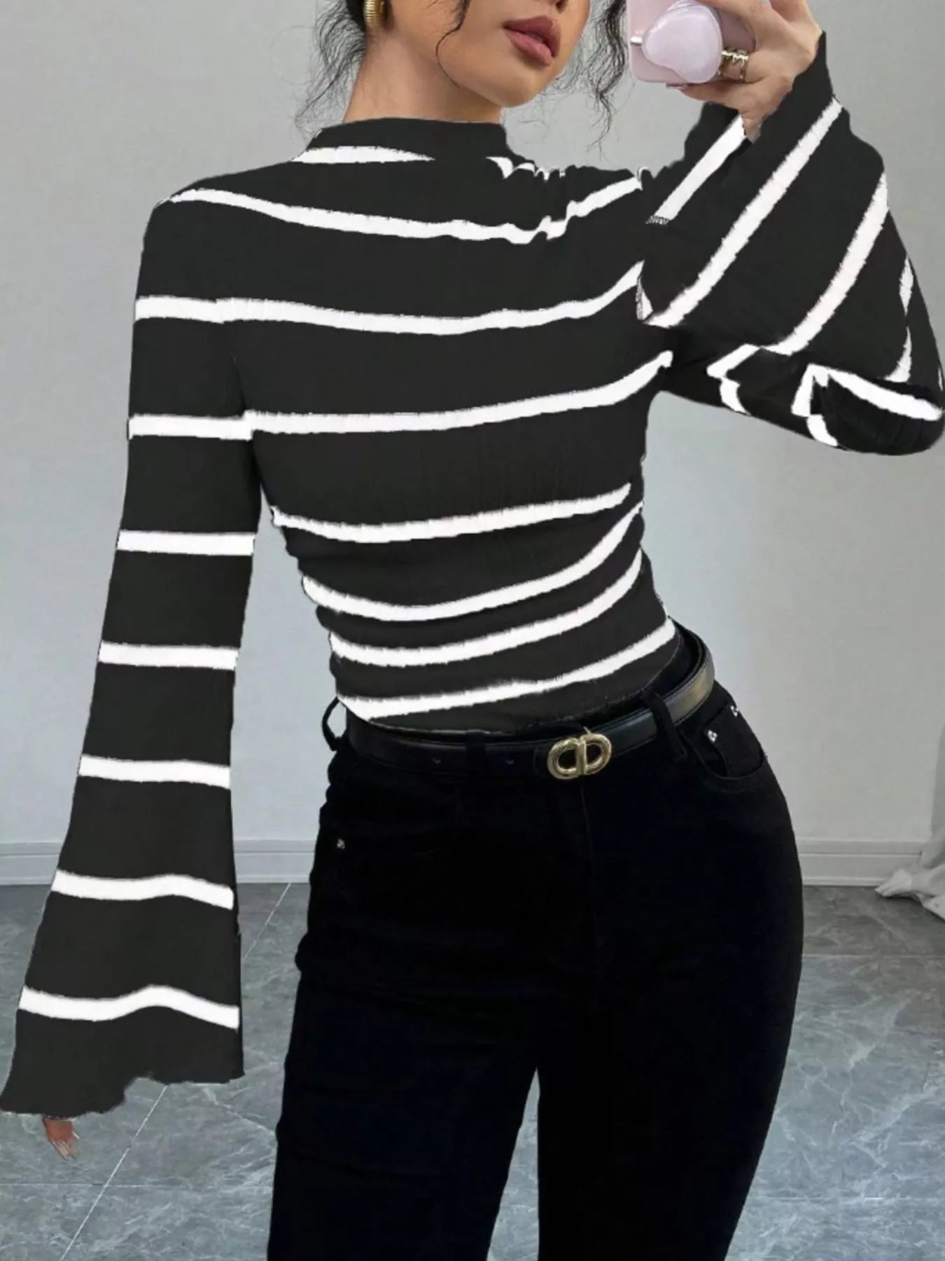 Striped Mock Neck Flare Sleeve Knit Top