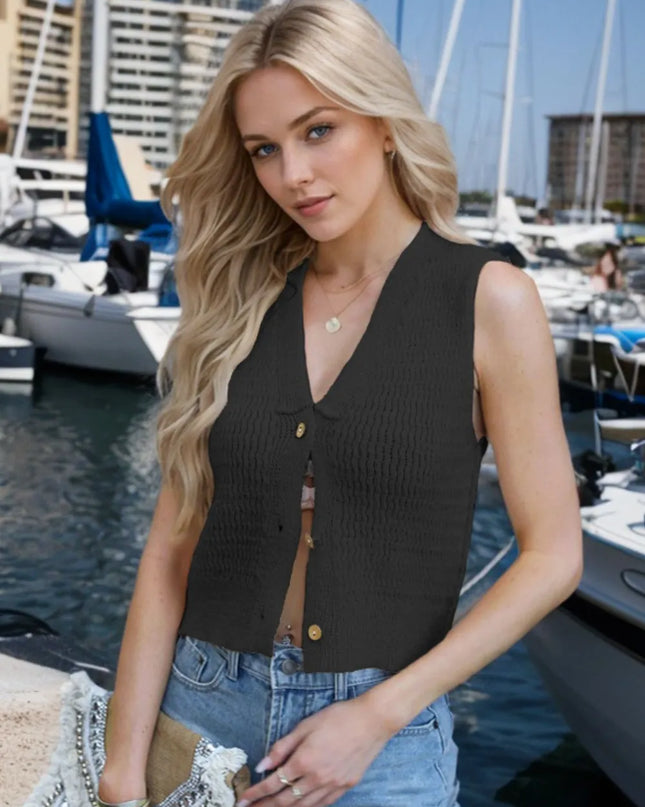 Button Down V-Neck Sweater Vest Black