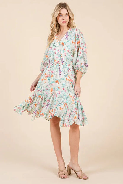 Lime 'N' Chili Floral Cinched Waist Balloon Sleeve V-Neck Dress