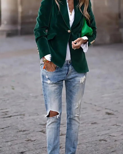 One Button Lapel Collar Long Sleeve Blazer