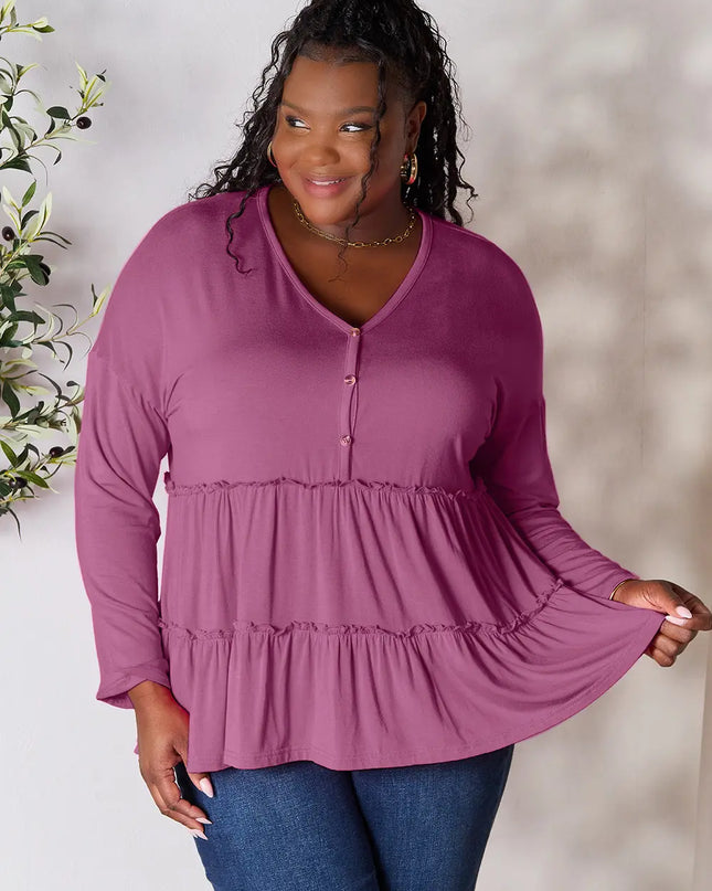 Double Take Half Button Long Sleeve Ruffle Hem Blouse Lilac