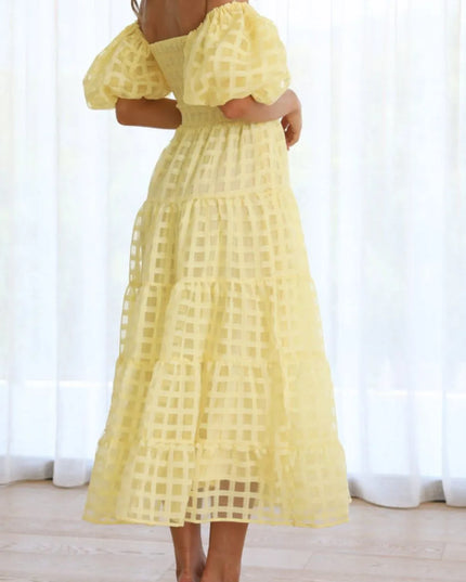 Off Shoulder Short Puff Sleeve Midi Dress