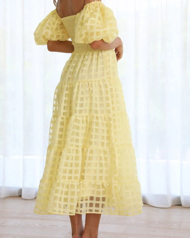 Off Shoulder Short Puff Sleeve Midi Dress