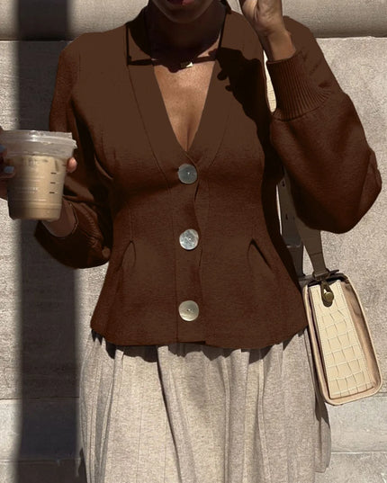 Button-Up V-Neck Knit Cardigan Brown