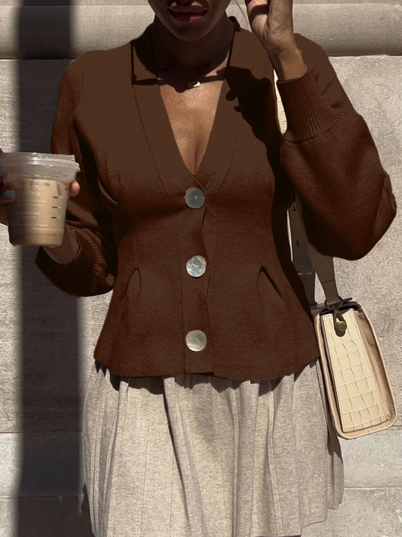 Button-Up V-Neck Knit Cardigan Brown